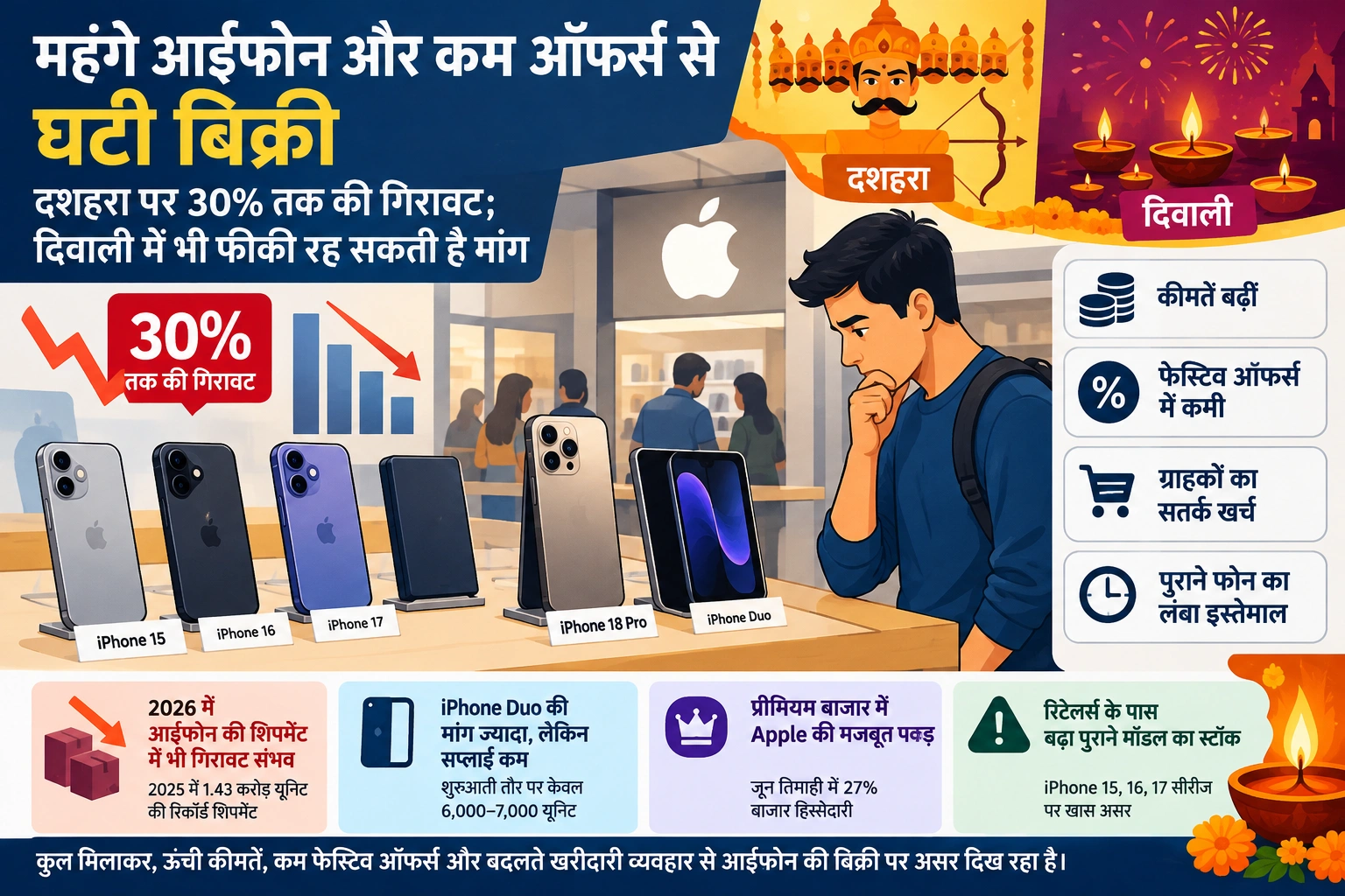 महंगे आईफोन और कम ऑफर्स से घटी बिक्री, दशहरा पर 30% तक की गिरावट; दिवाली में भी फीकी रह सकती है मांग