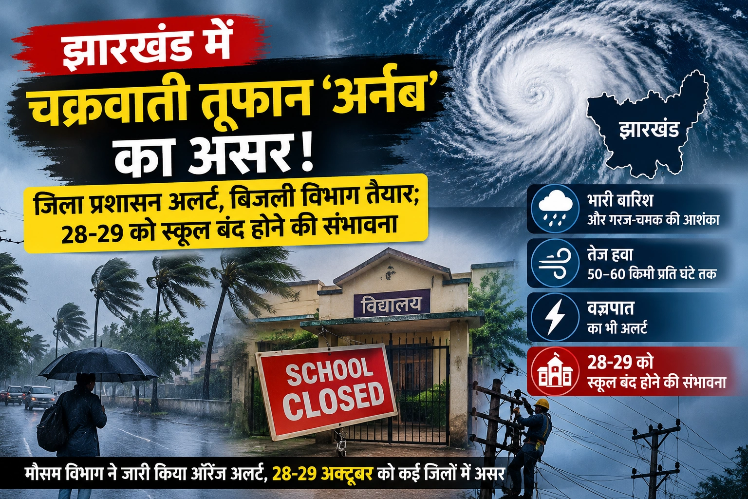 झारखंड में चक्रवाती तूफान 'अर्नब' का असर! जिला प्रशासन अलर्ट, बिजली विभाग तैयार; 28-29 को स्कूल बंद होने की संभावना
